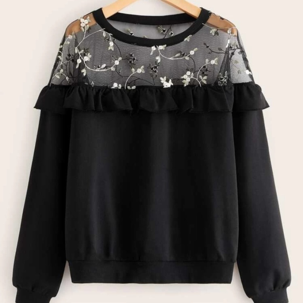 NIB Contrast Floral Embroidery Mesh Ruffle Trim